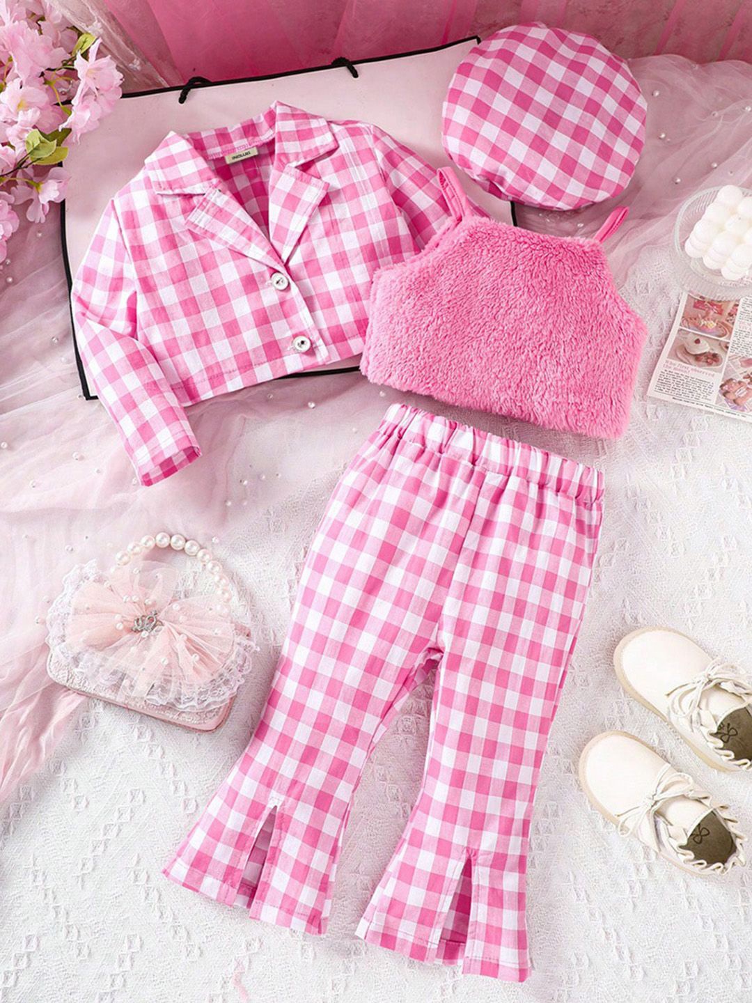 

INCLUD Girls Checked Shirt with Trousers Clothing Set, Pink