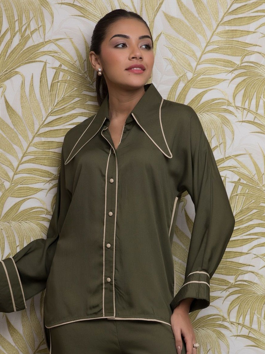 

Rhe-Ana Women Solid Shirt Collar Top, Olive