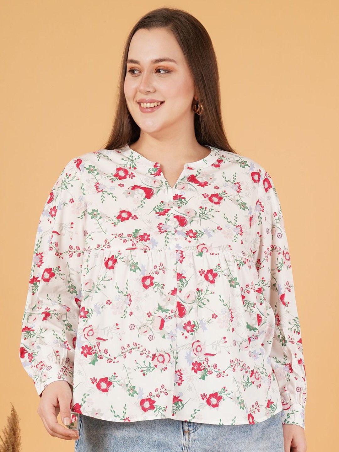 

Sztori Women Floral Printed Round Neck Top, Off white