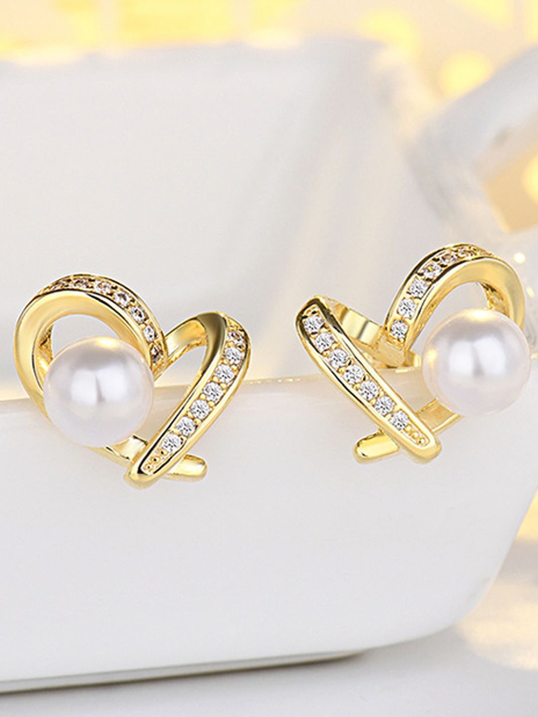 

Krelin Gold Plated Stainless Steel Cubic Zirconia & Pearls Heart Shaped Studs