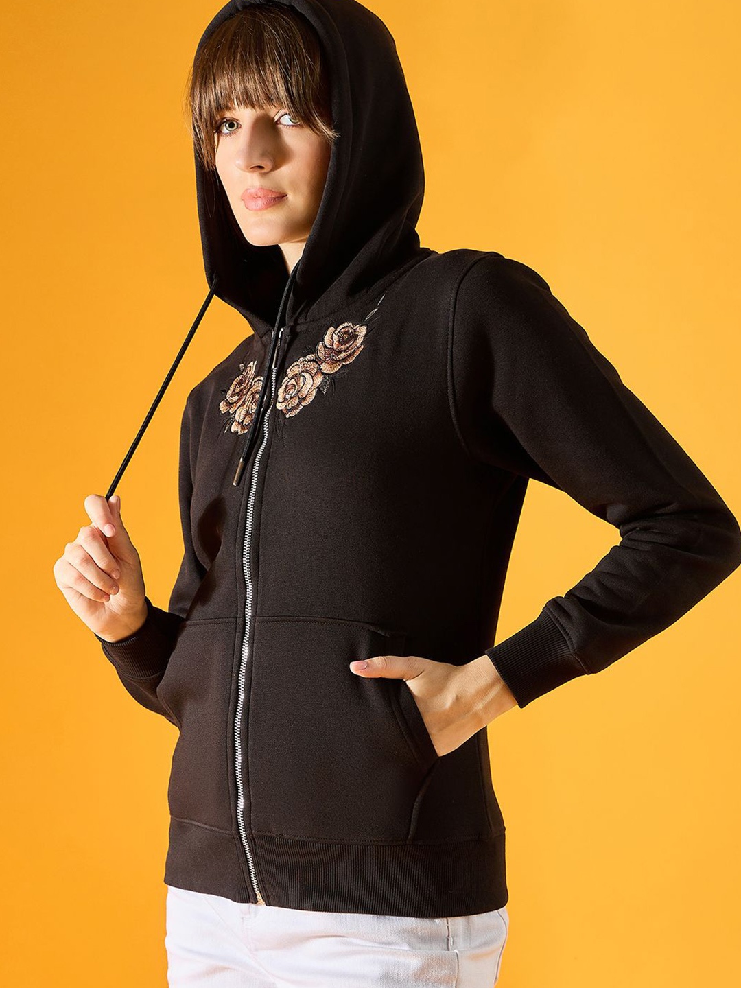 

98 Degree North Women Floral Embroidered Hood Fleece Ribbed Sweatshirt, Black