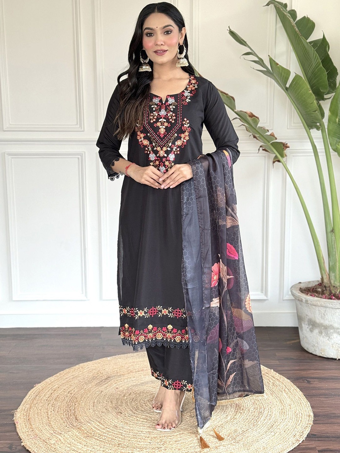 

KALINI Ethnic Motifs Embroidered Thread Work Kurta with Trousers & With Dupatta, Black