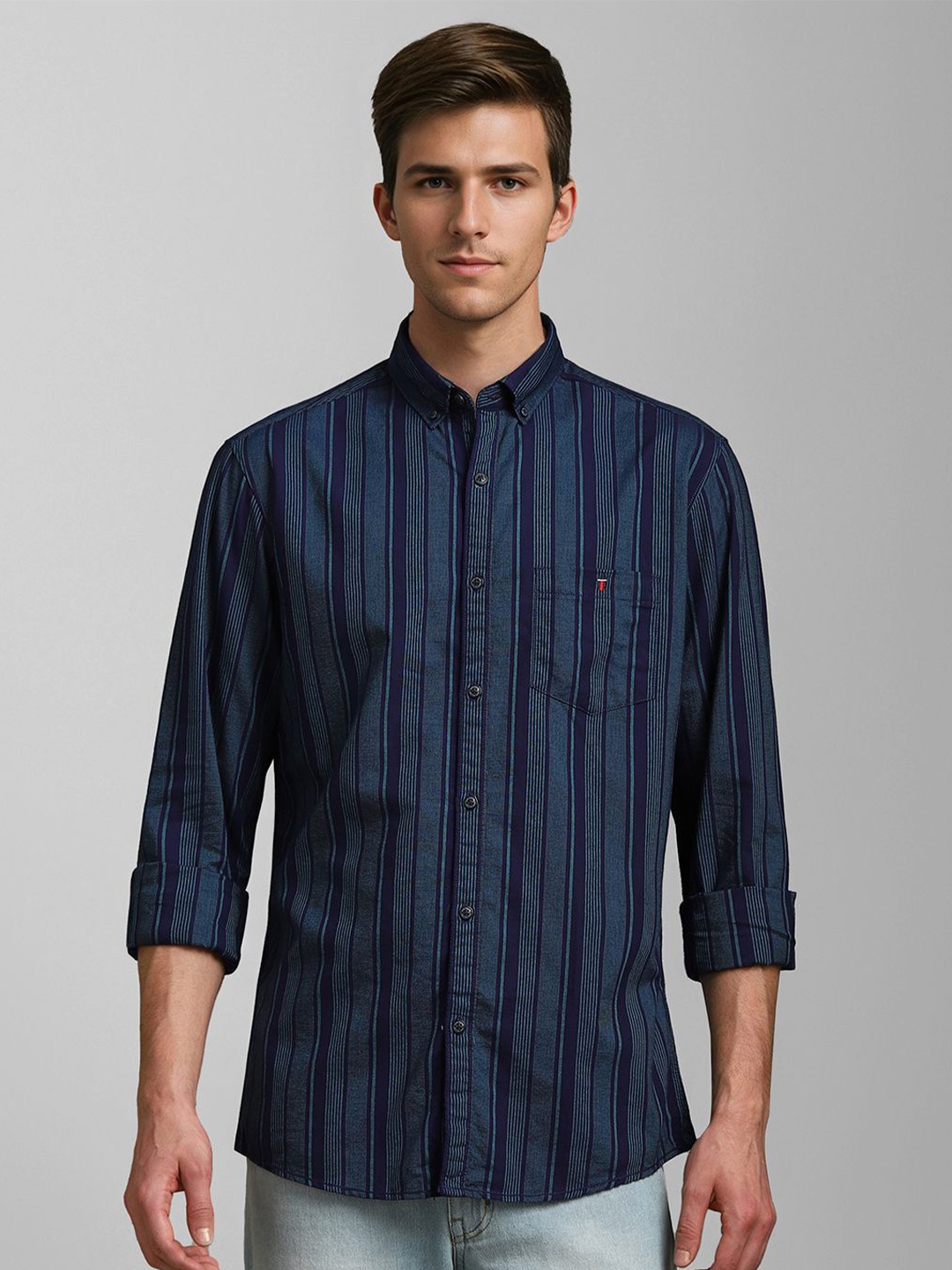 

Louis Philippe Jeans Men Slim Fit Opaque Striped Casual Shirt, Blue