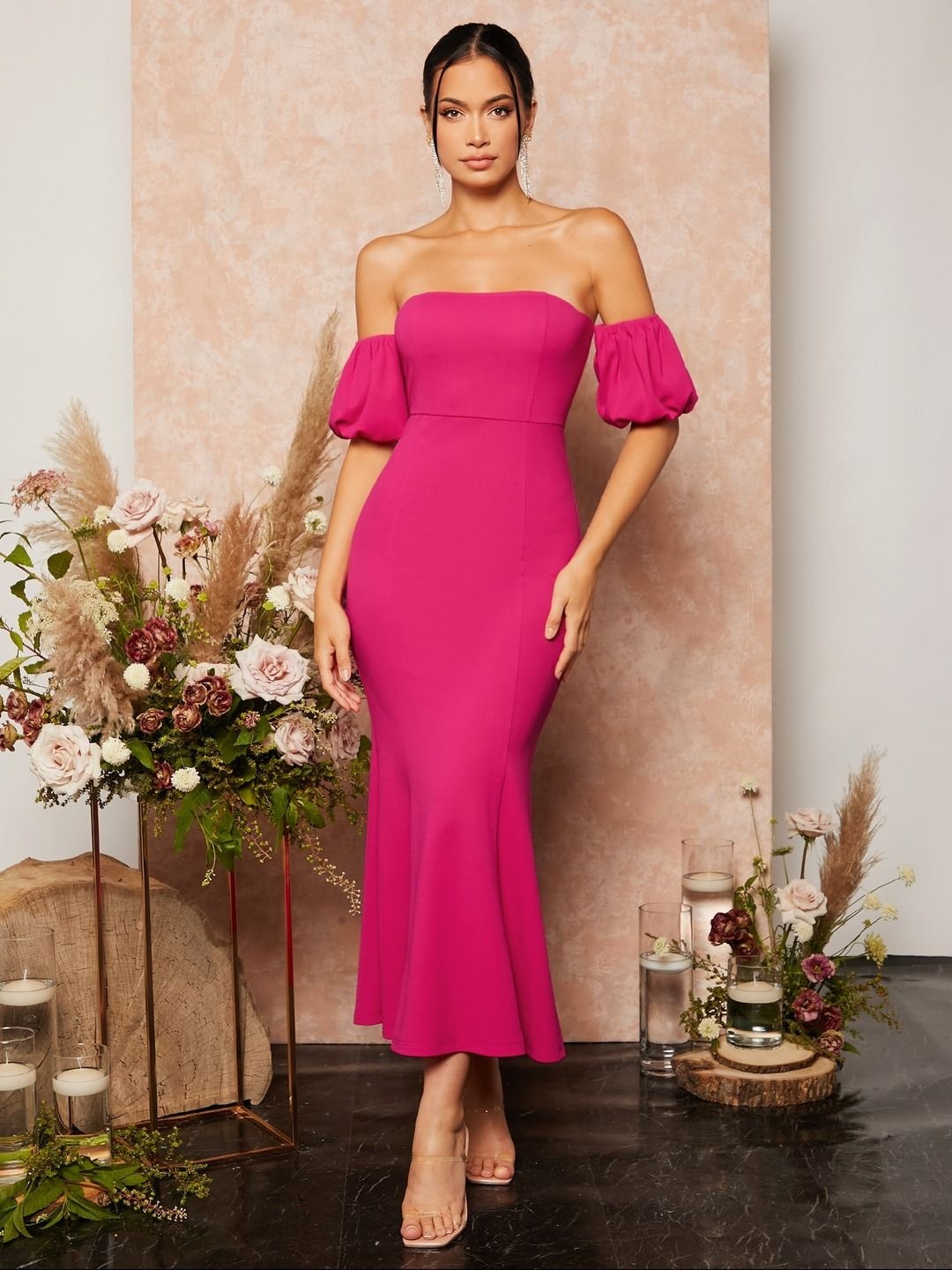 

Kotty Women Off-Shoulder Puff Sleeve Bodycon Midi Dress, Pink