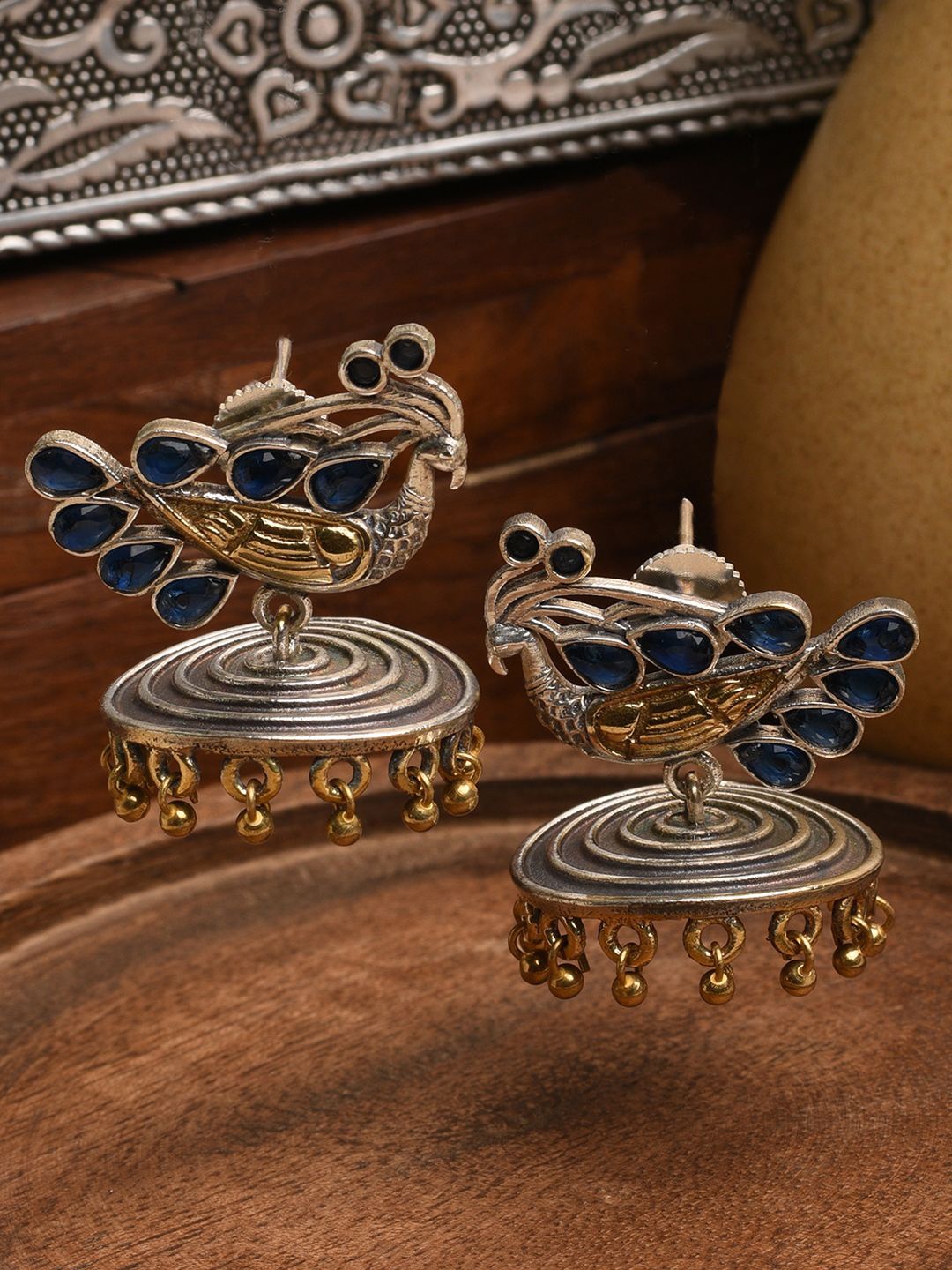 

XPNSV Silver-Plated Oxidised Stone Studded Peacock Shaped Jhumkas