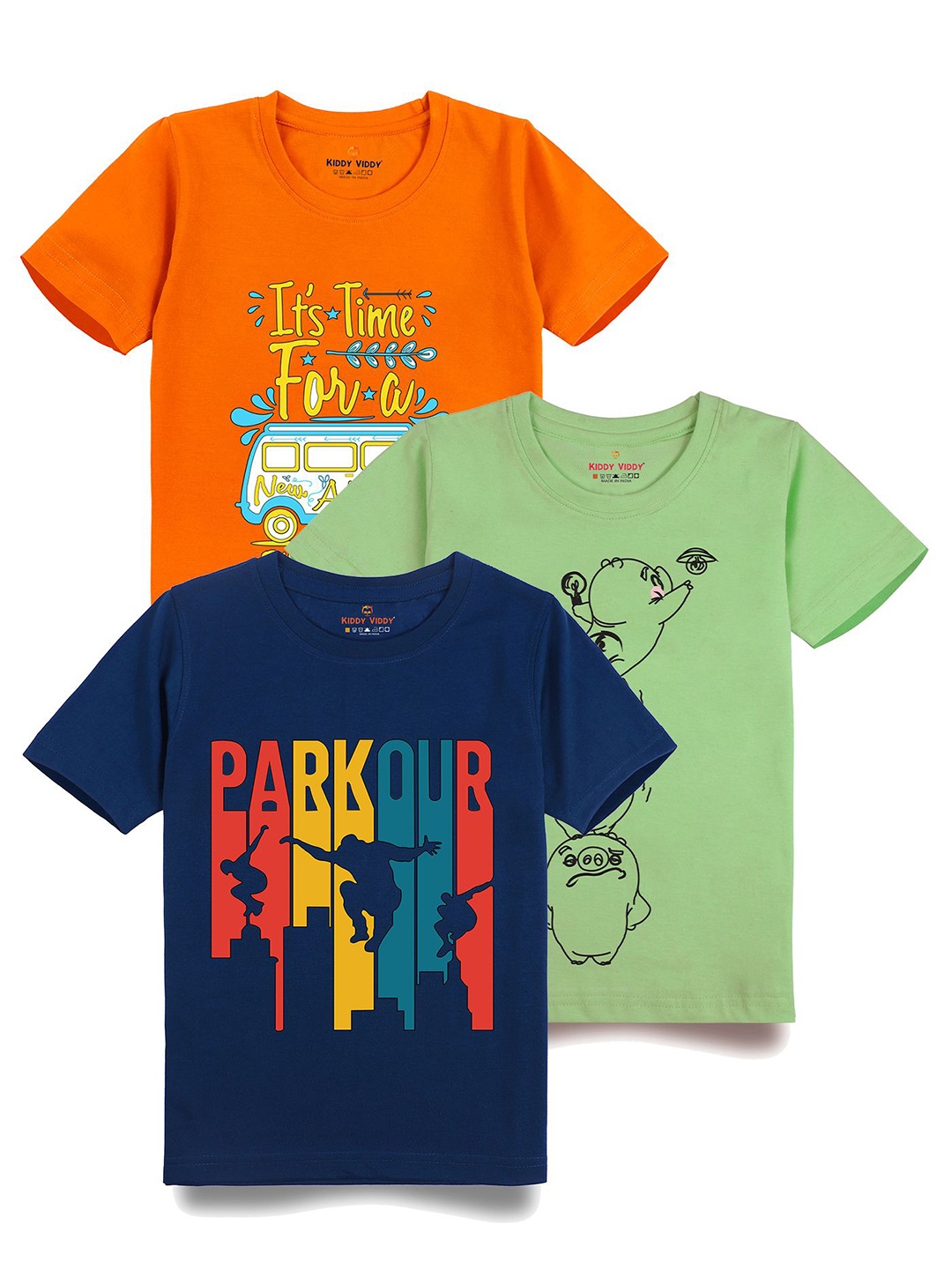 

AUSK Boys Pack Of 3 Graphic Printed Round Neck Cotton T-shirts, Navy blue