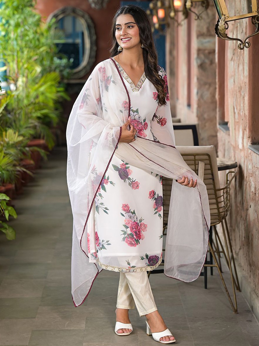 

AKS Couture Women Floral Printed Regular Thread Work Kurta with Trousers & With Dupatta, Cream