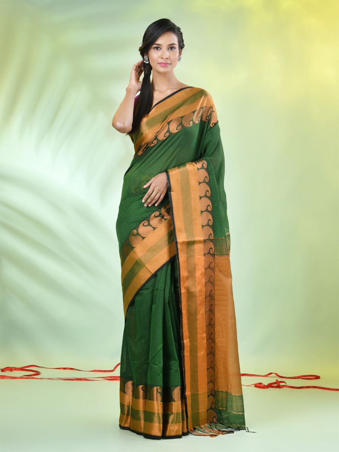 

Charukriti Solid Zari Saree, Green