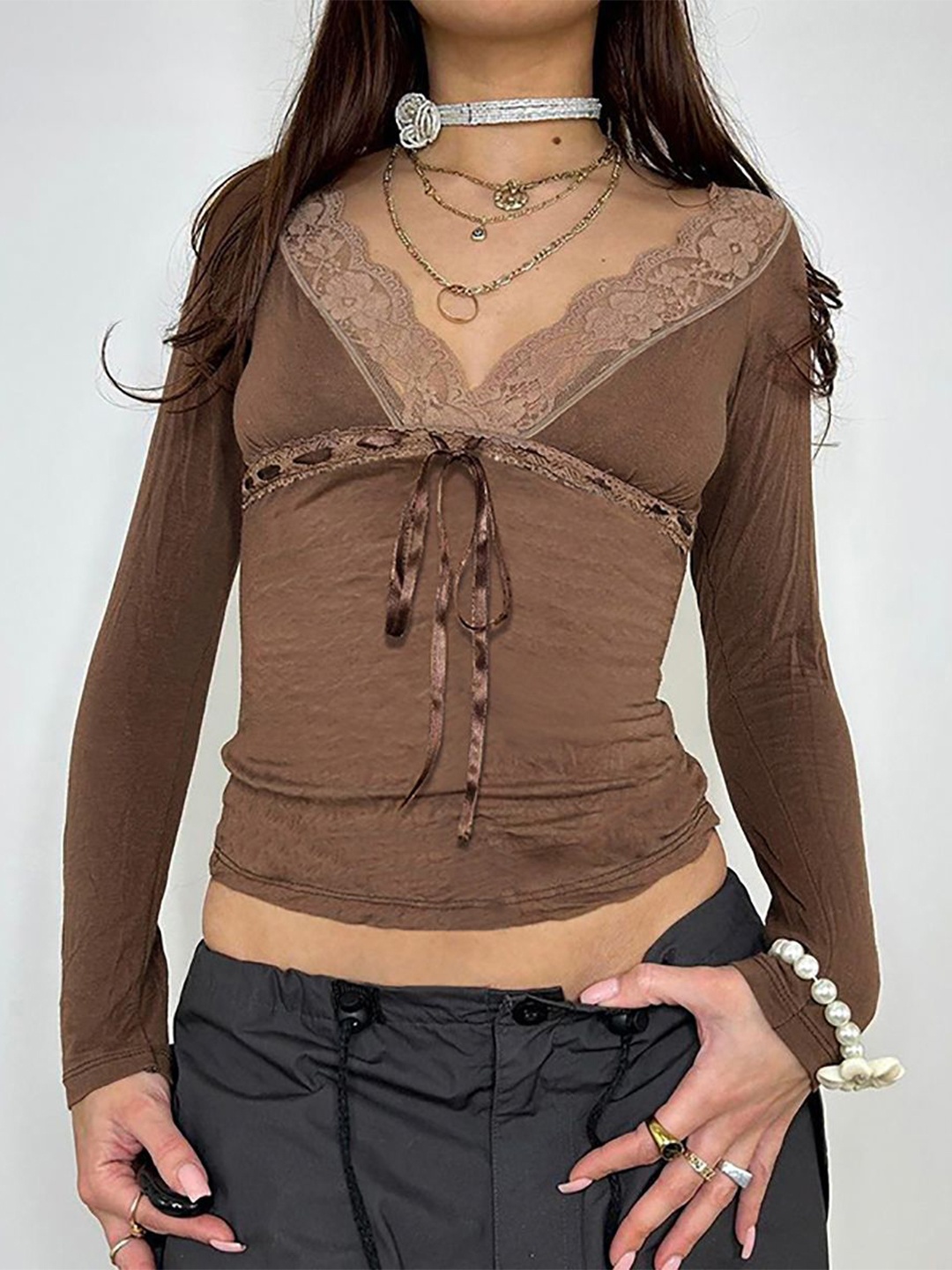 

StyleCast x Revolte Women Solid V-Neck Top, Brown