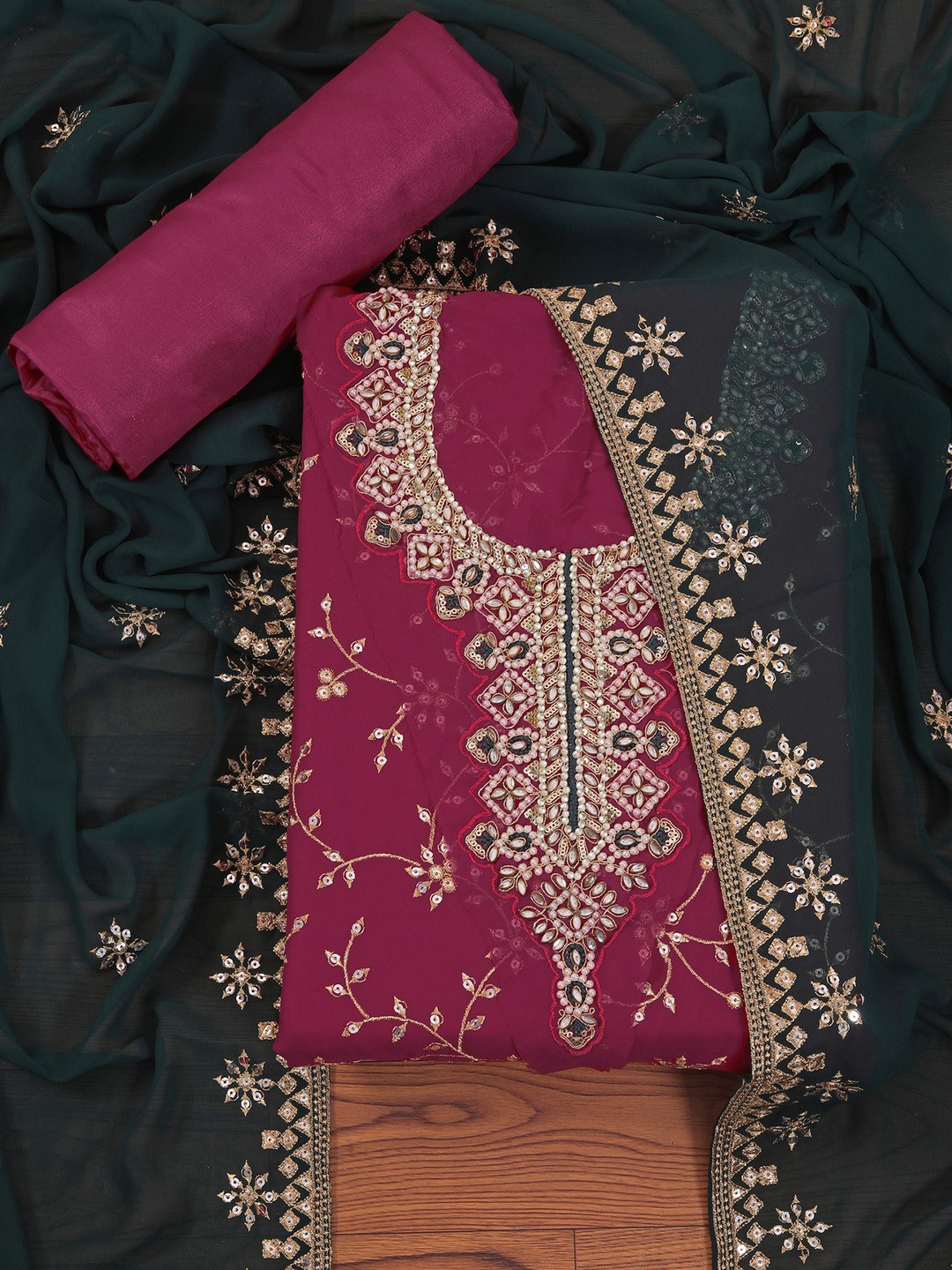 

Jaipur Kurti Heavy Embroidered Poly Georgette Dress Material with Dupatta, Pink