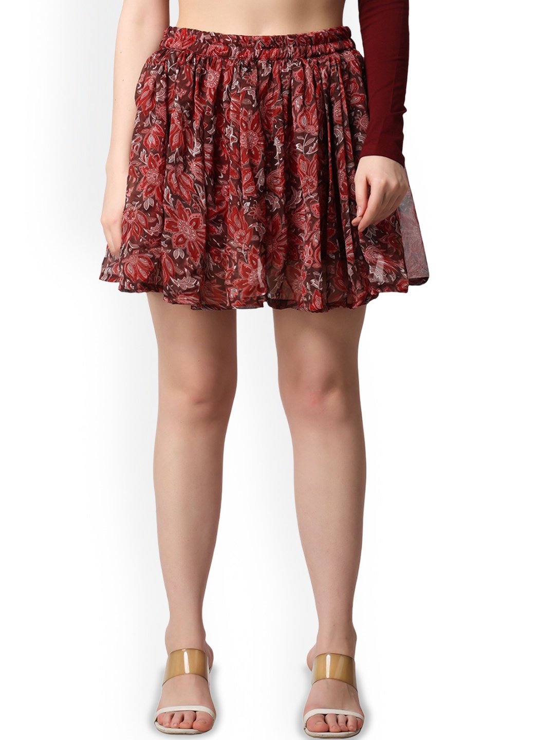 

SCORPIUS Printed Above Knee Length Flared Skirt, Maroon