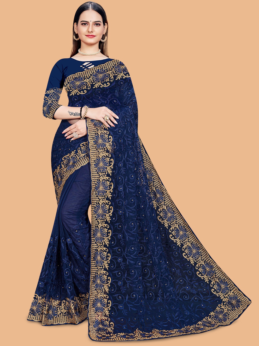 

Maroosh Ethnic Motifs Embroidered Net Saree, Navy blue