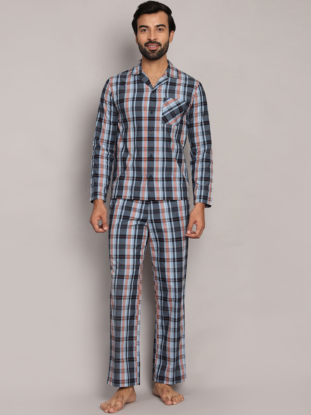 

BStories Men Pure Cotton Checked Night suit, Navy blue
