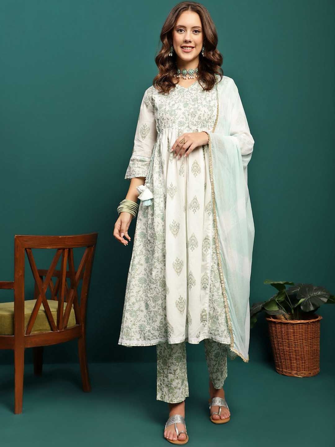 

BANDIA Women Ethnic Motif Print Beads and Stones Cotton Kurta with Trousers & With Dupatta, White