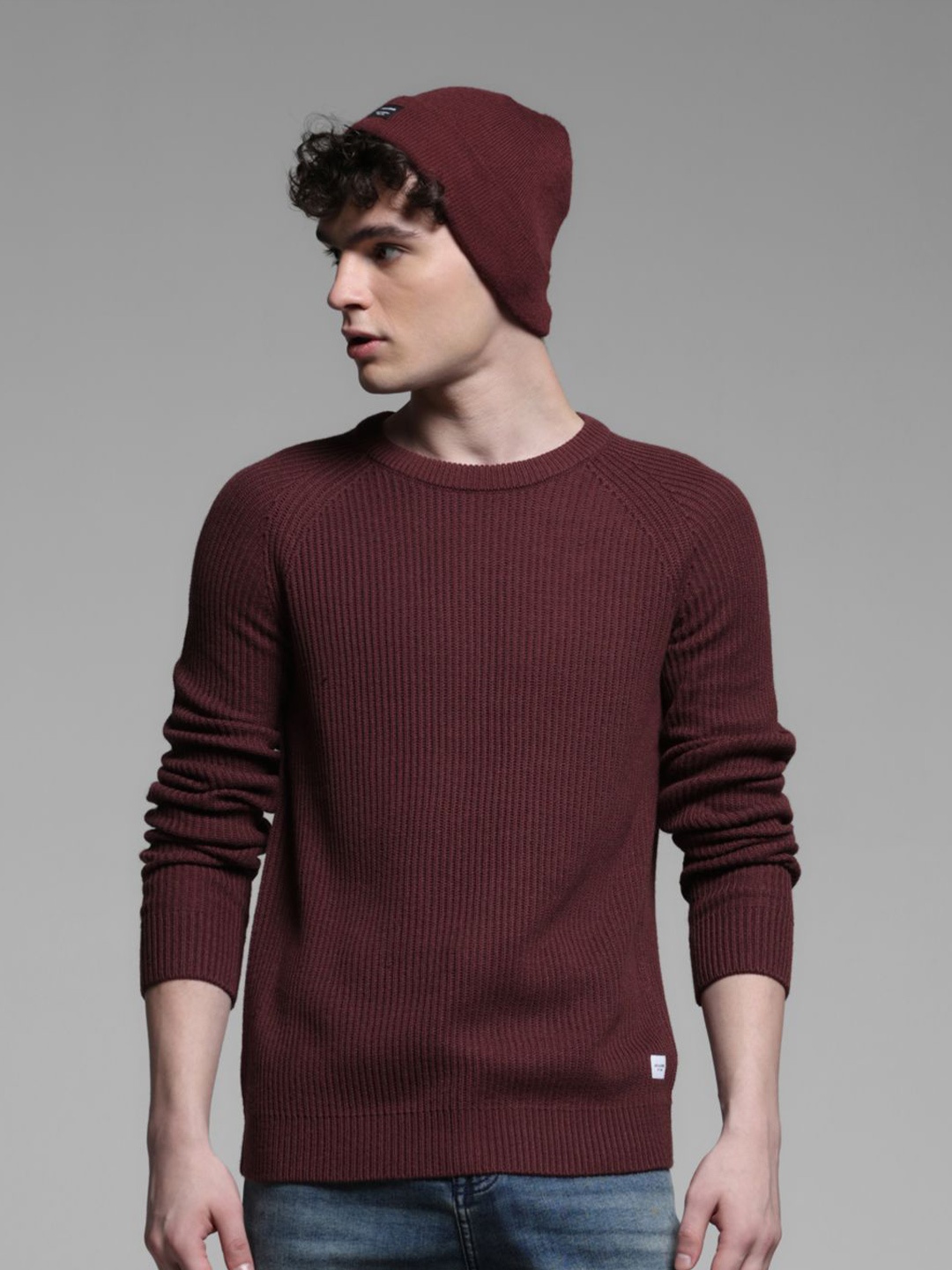 

Jack & Jones Men Solid Ribbed Pullover Sweater, Maroon