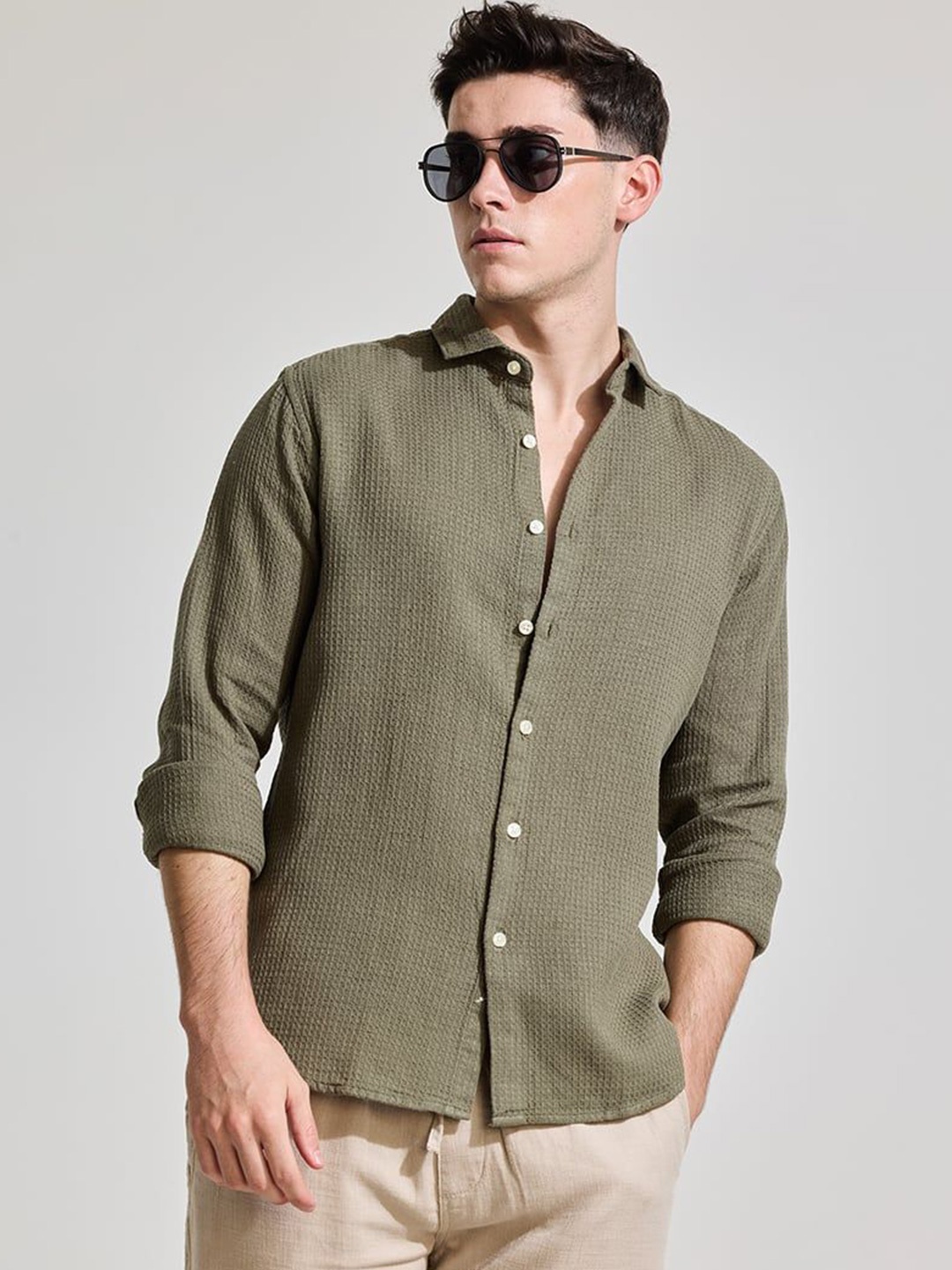 

Snitch Men Smart Spread Collar Textured Cotton Casual Shirt, Olive