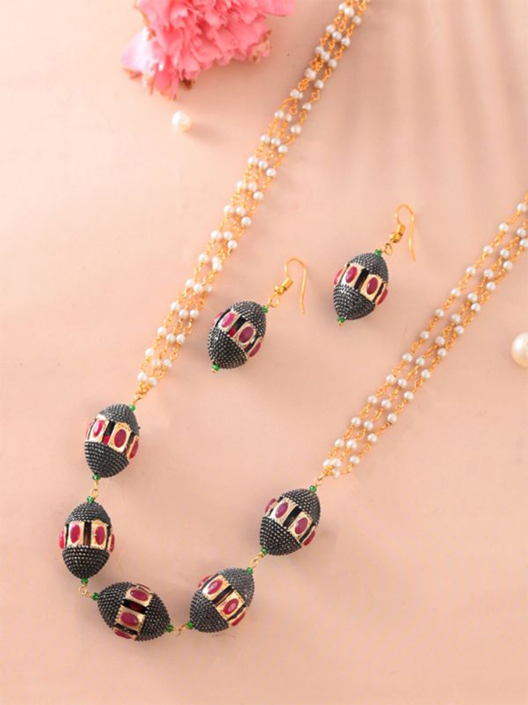 

DASTOOR Brass Plated Beaded Necklace and Earrings, Gold
