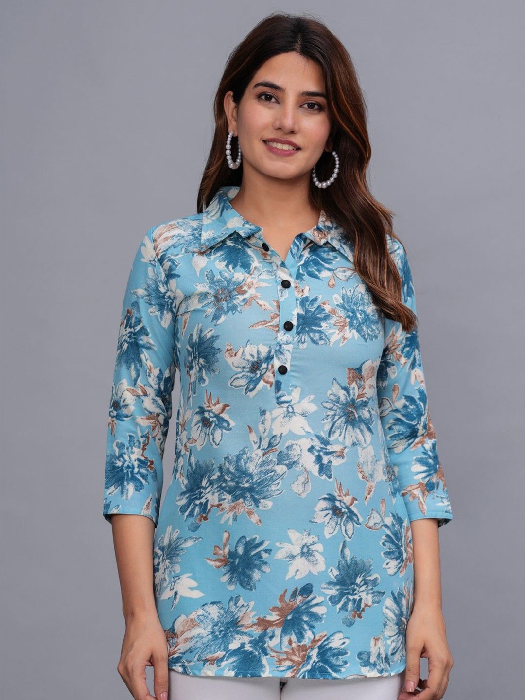 

OKD Empires Women Floral Printed Shirt Collar Top, Blue