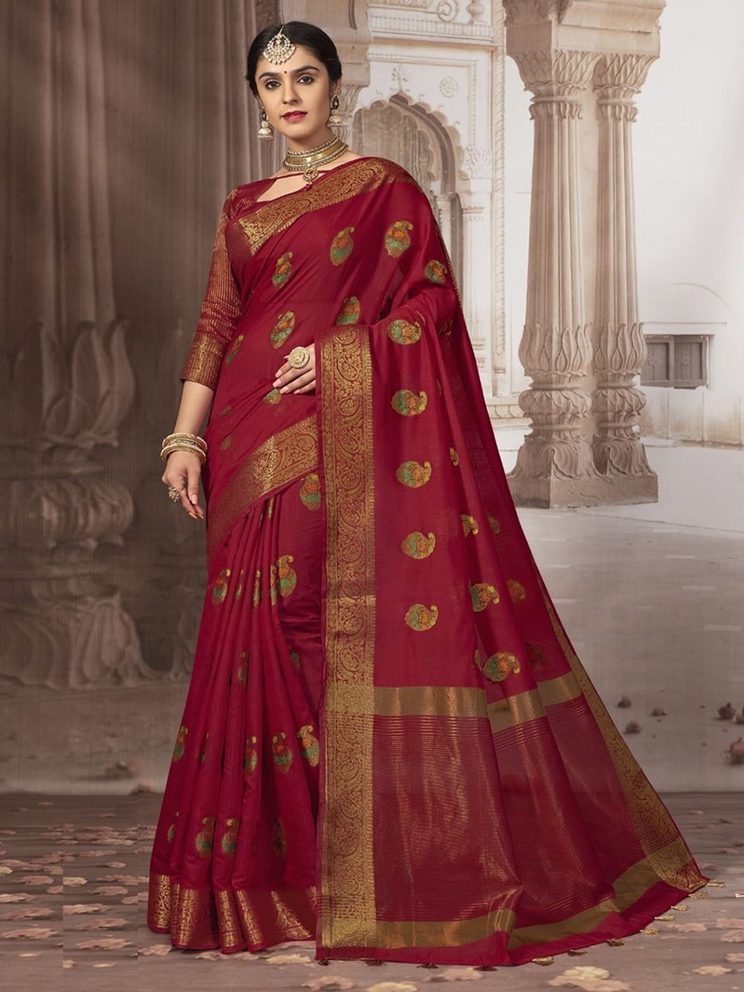 

MAHALASA Ethnic Motifs Zari Pure Cotton Banarasi Saree, Red