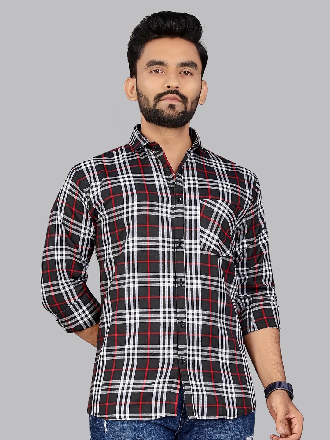 

ADWYN PETER Men Classic Spread Collar Tartan Checked Cotton Casual Shirt, Black