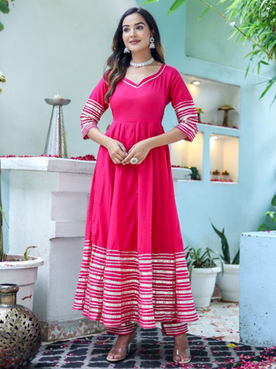 

Chandbaali Women Striped Empire Pure Cotton Kurta with Trousers & With Dupatta, Pink