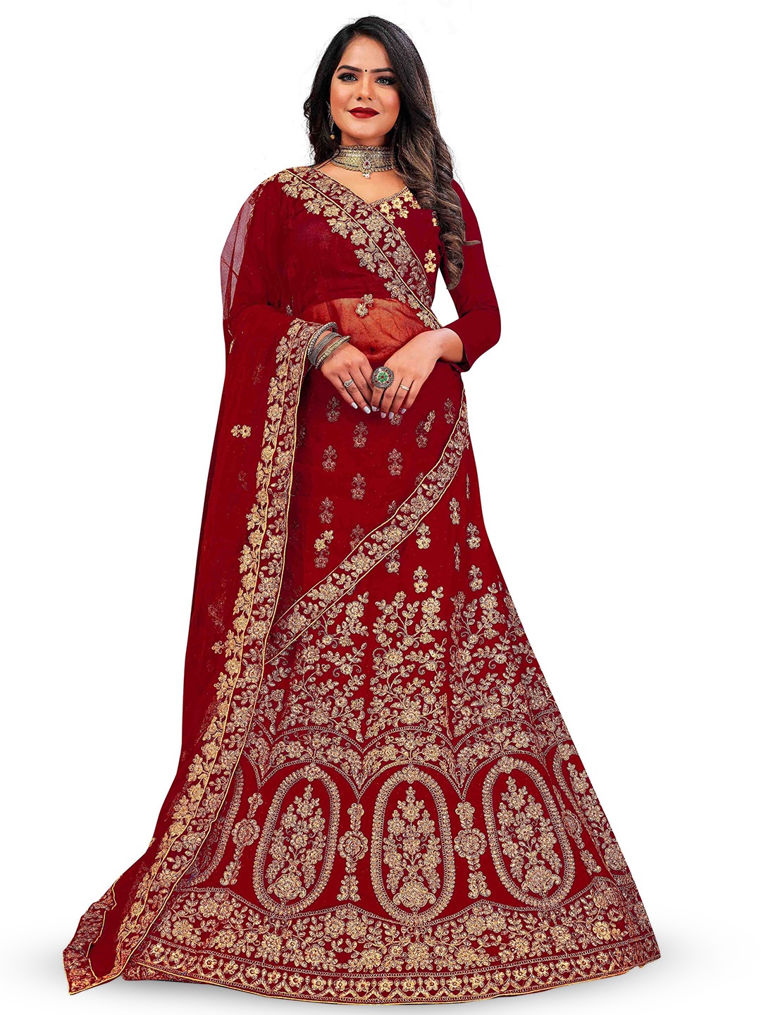 

Maroosh Embellished Thread Work Unstitched Lehenga & Blouse With Dupatta, Maroon