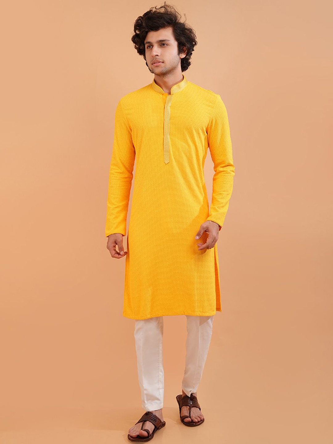 

azania Men Embroidered Kurta, Yellow