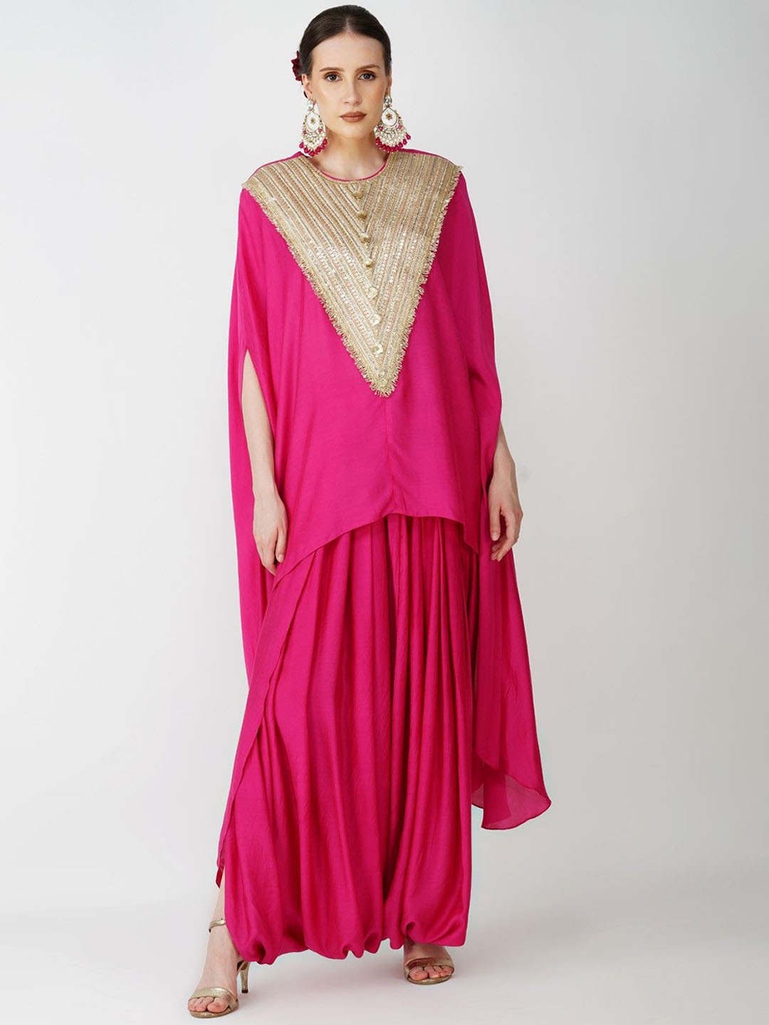 

KOVET Embroidered Yoke Design Pure Silk High Low Kaftan Kurti with Cowl Drape Skirt, Fuchsia