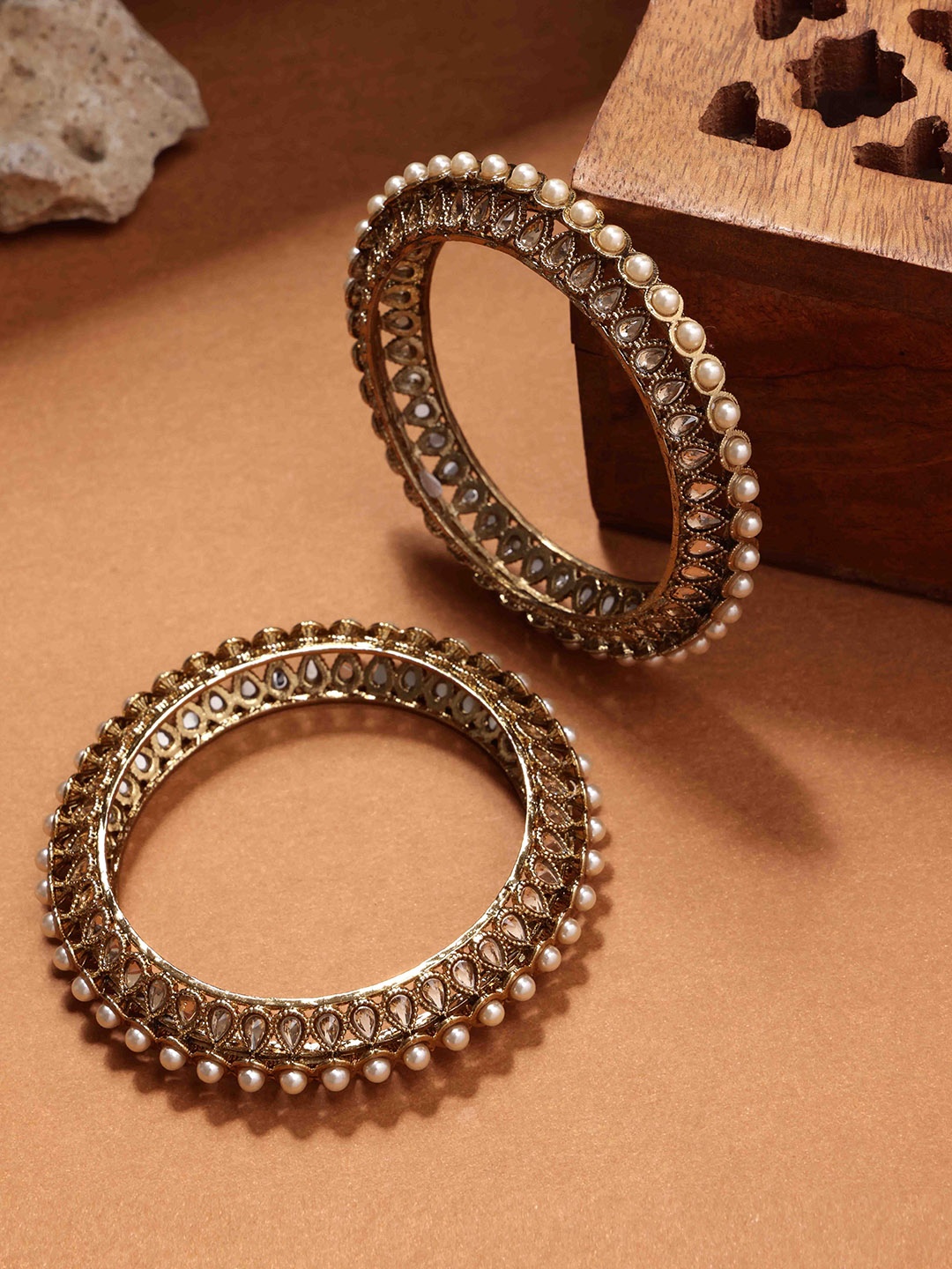 

PANASH Set Of 2 Gold-Plated American Diamond-Studded & Beaded Bangles