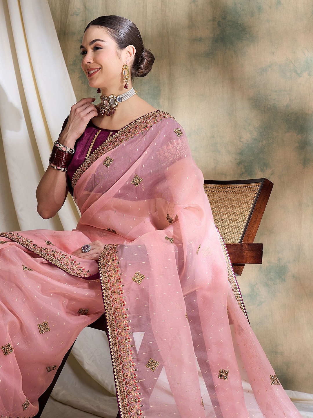 

Sangria Ethnic Motifs Embroidered Designer SareeWith Blouse Piece, Pink