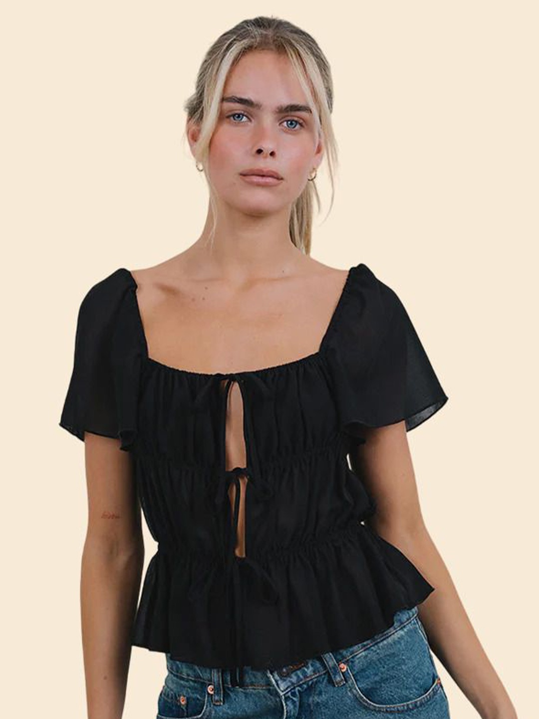 

Dracht Women Solid Square Neck Top, Black