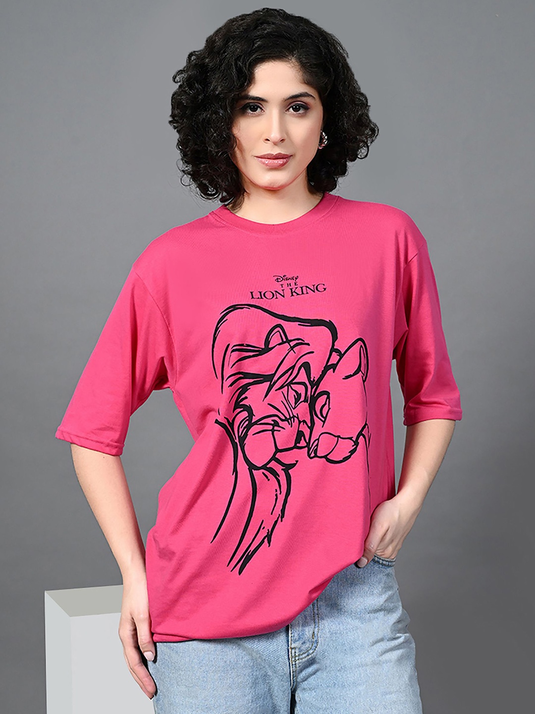 

Kook N Keech Women Lion King Printed Drop-Shoulder Sleeves Bio Finish T-shirt, Pink