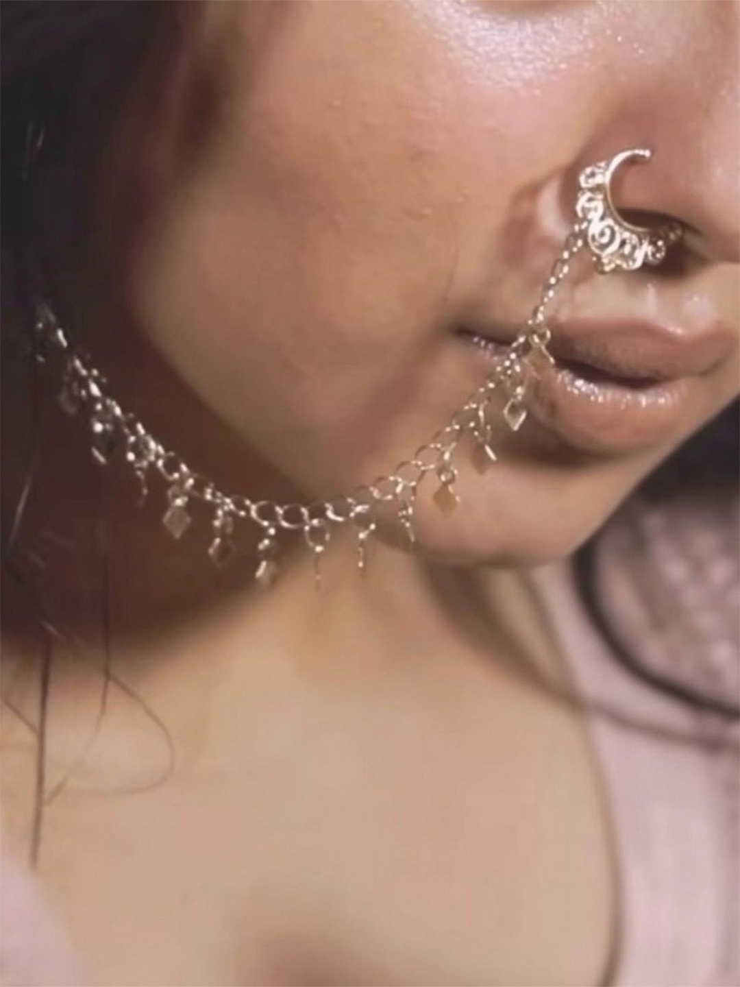 

ISHKAARA Gold-Plated Stone Studded & Beaded Chained Nosepin