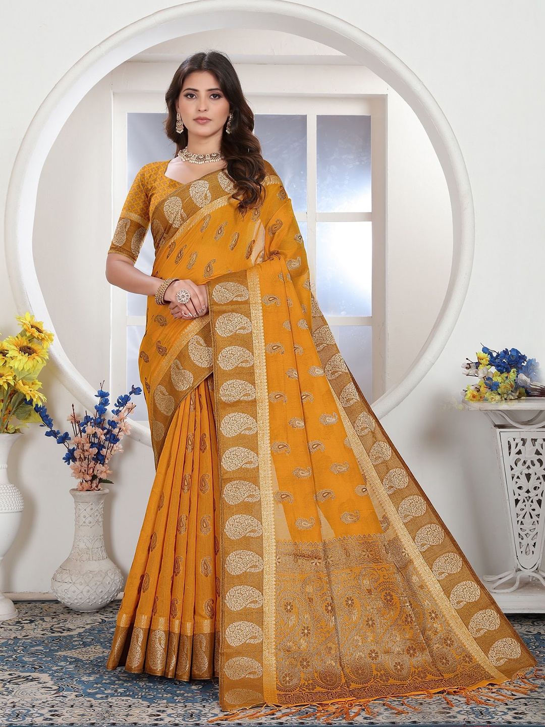 

MAHALASA Woven Design Pure Cotton Saree, Mustard