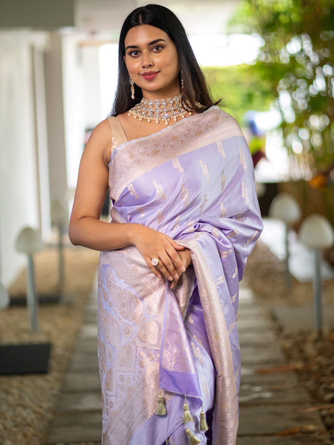 

I LOVE SAREES Ethnic Motifs Woven Design Zari Pure Cotton Banarasi Saree, Lavender