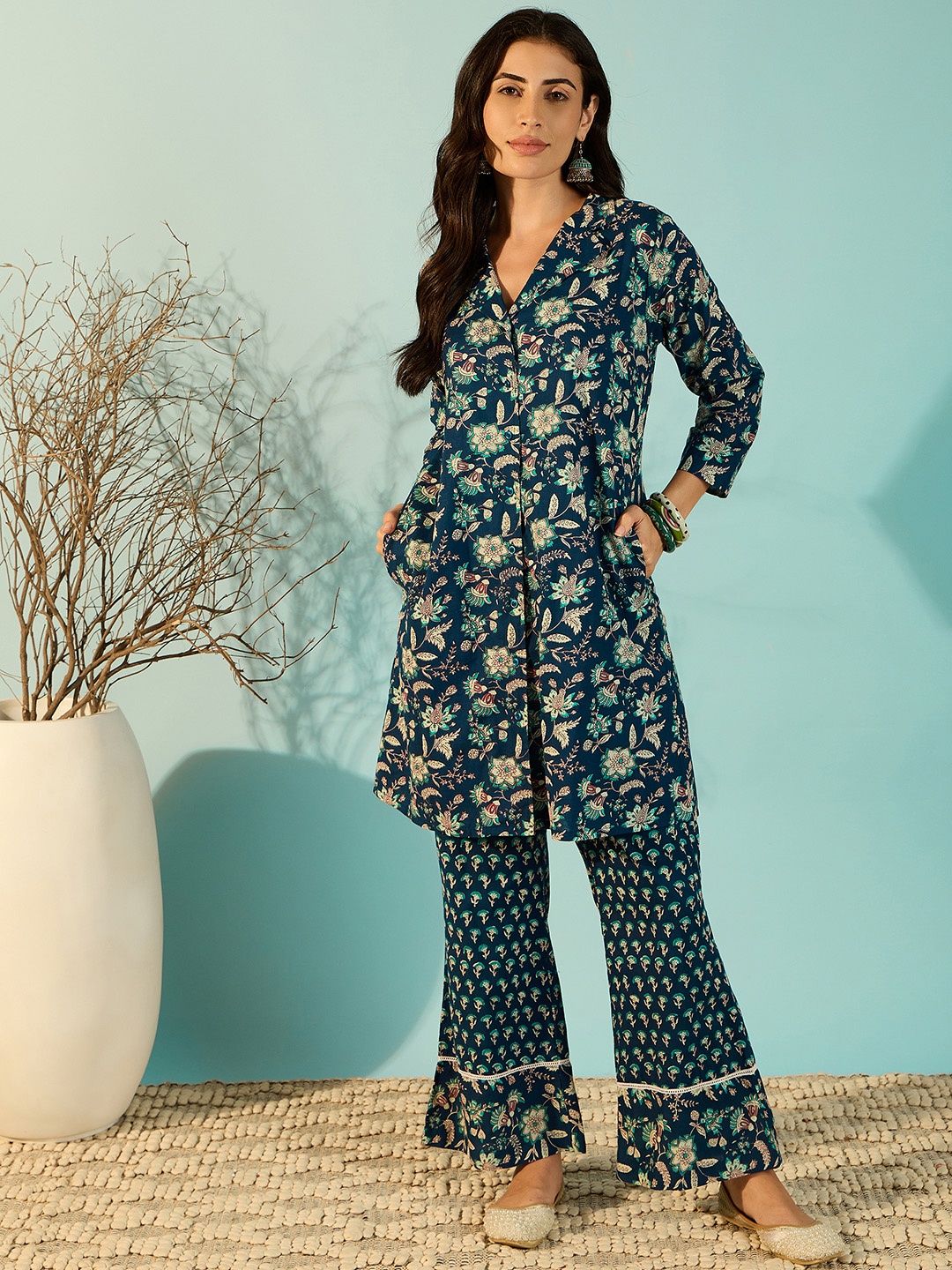 

The Kaftan Company Printed Pure Cotton Tunic With Trousers Co-Ords, Blue