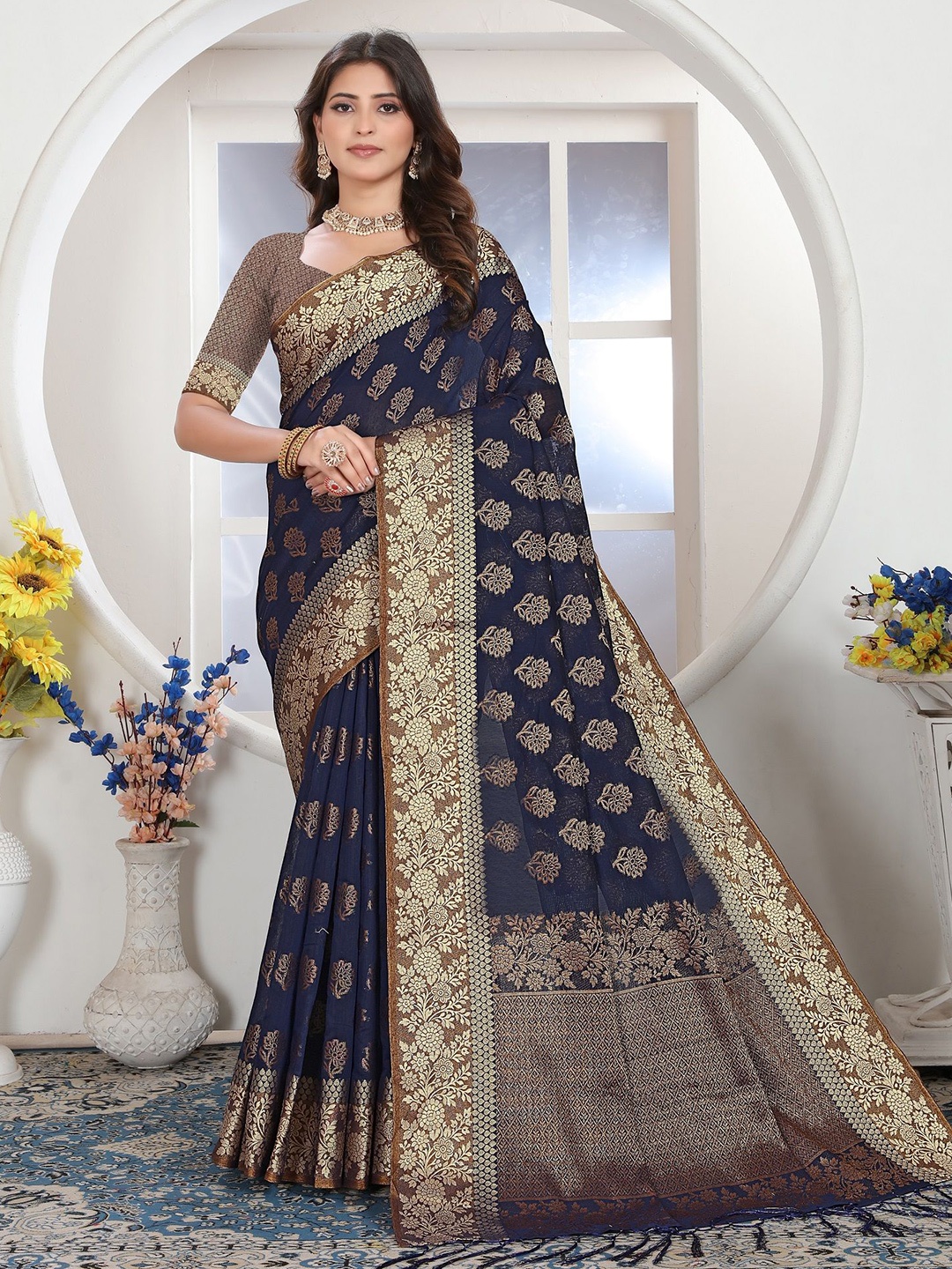 

MAHALASA Woven Design Pure Cotton Saree, Navy blue