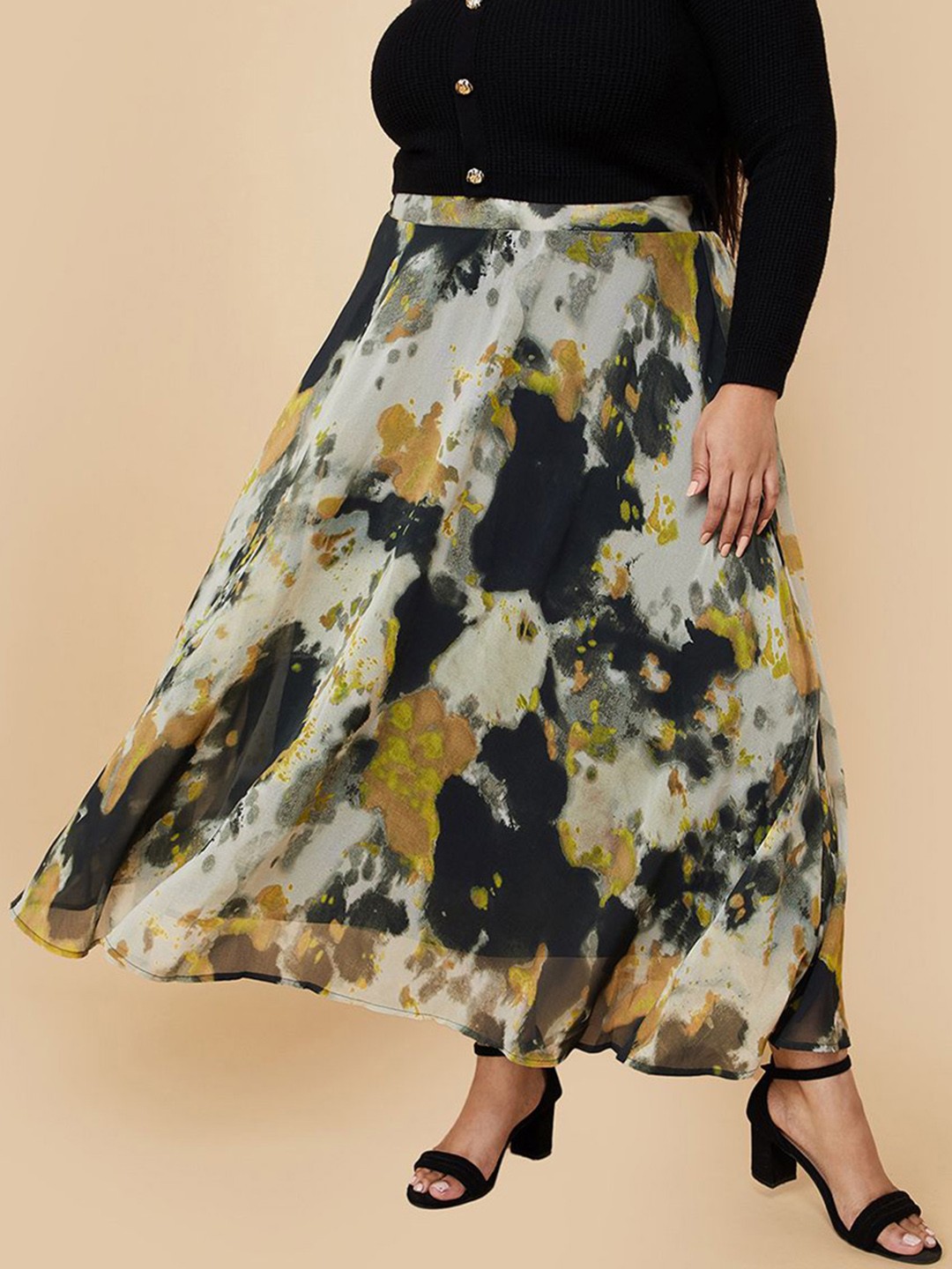 

max Printed Flared Maxi Skirts, Black