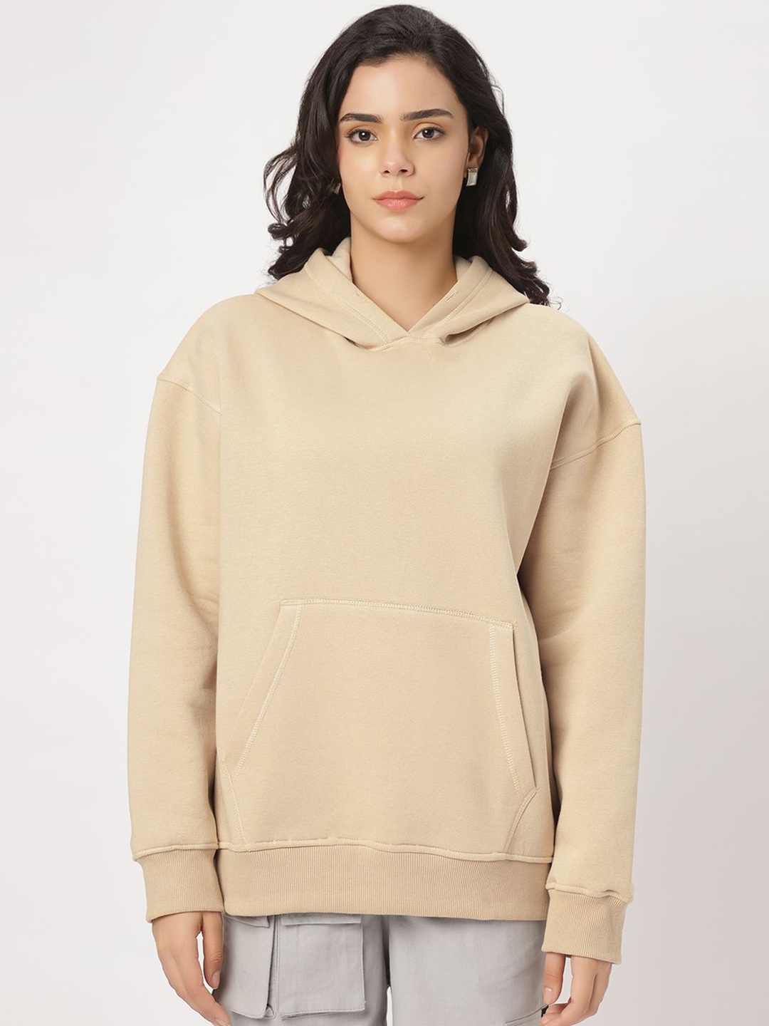 

Be Savage Women Solid Hood Fleece Pullover Sweatshirt, Beige