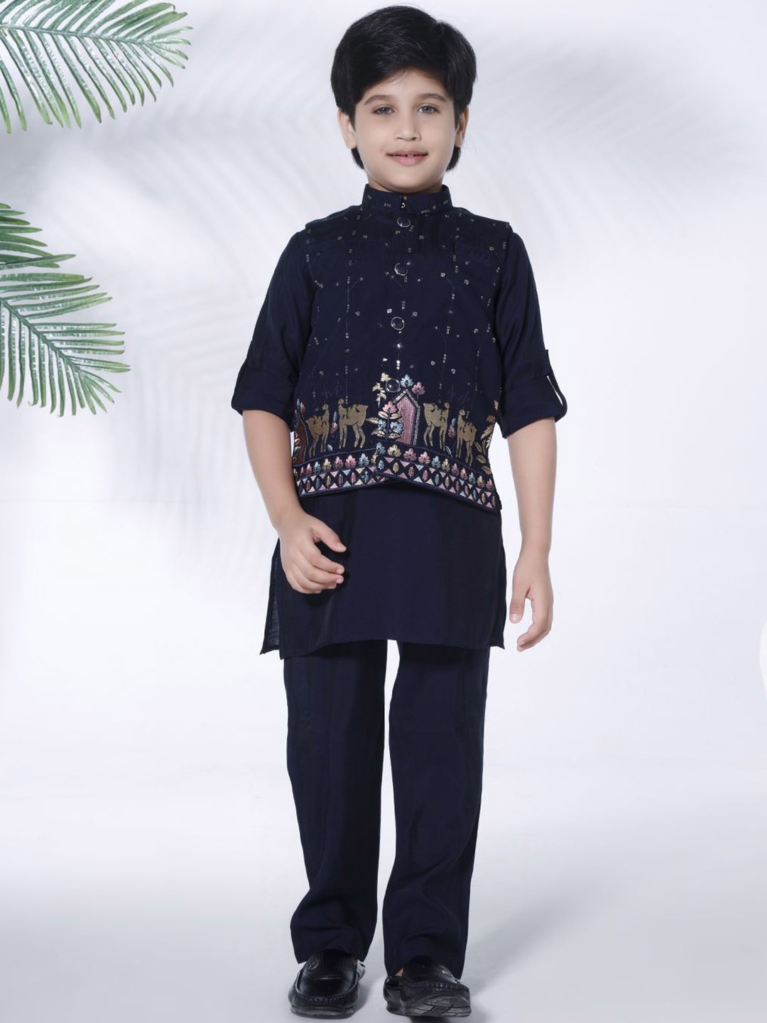 

Ministitch Boys Mandarin Collar Regular Kurta With Trouser With Embroidered Nehru Jacket, Navy blue