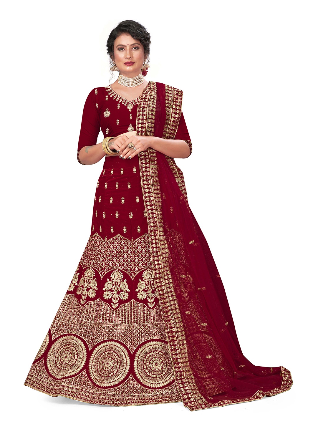 

Maroosh Women Embellished Thread Work Unstitched Lehenga & Blouse With Dupatta, Maroon