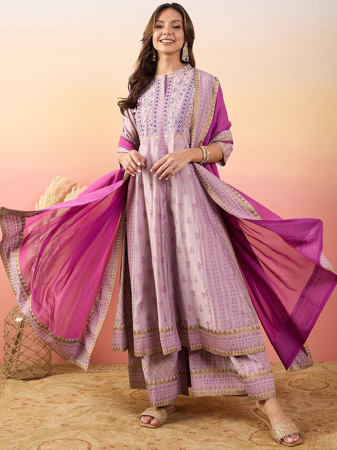 

Krimmple Women Ethnic Motifs Embroidered Pure Silk Kurta with Palazzos & With Dupatta, Pink
