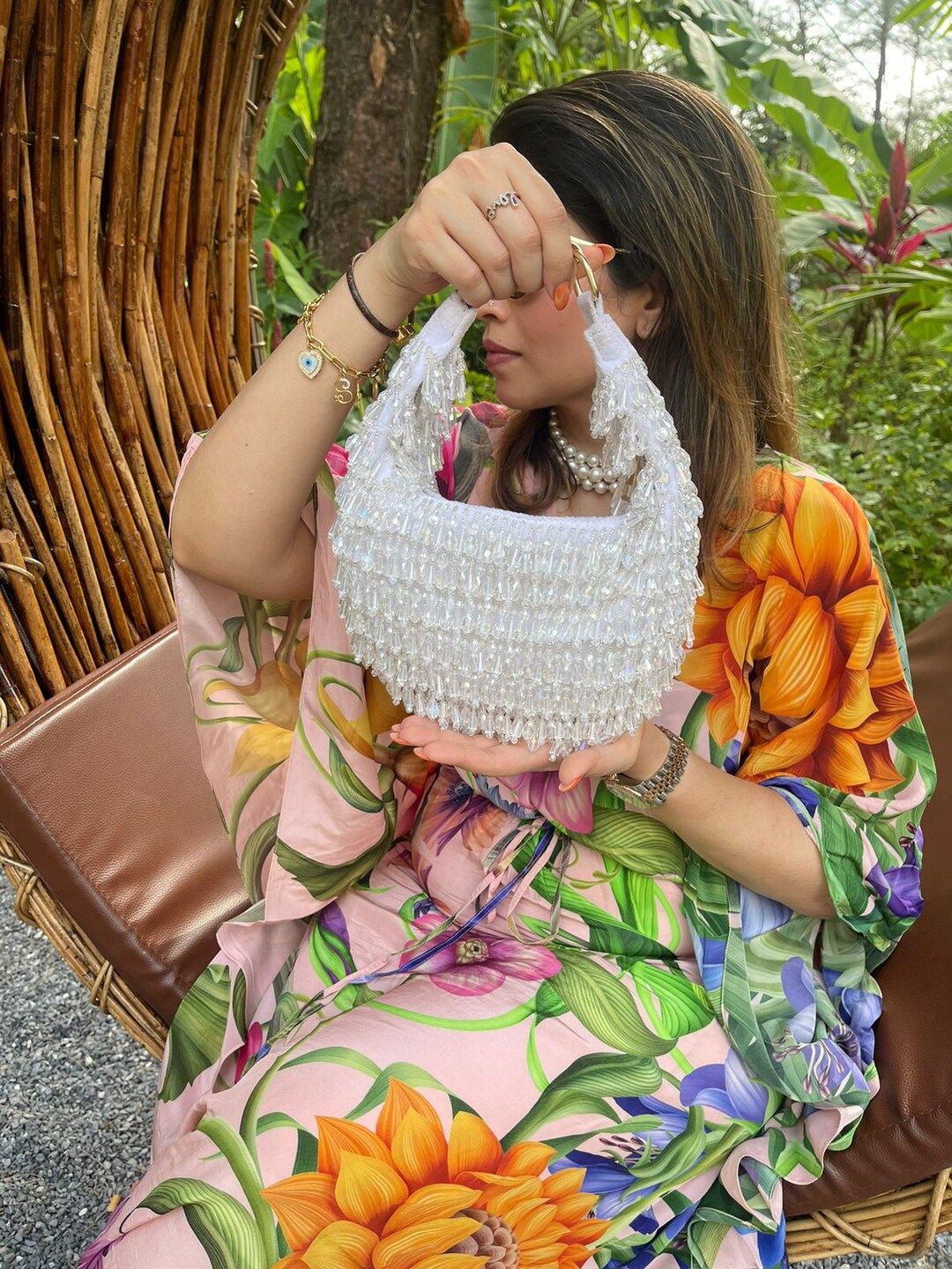 

Aloha by PS Floral Structured Shoulder Bag with Tasselled, White