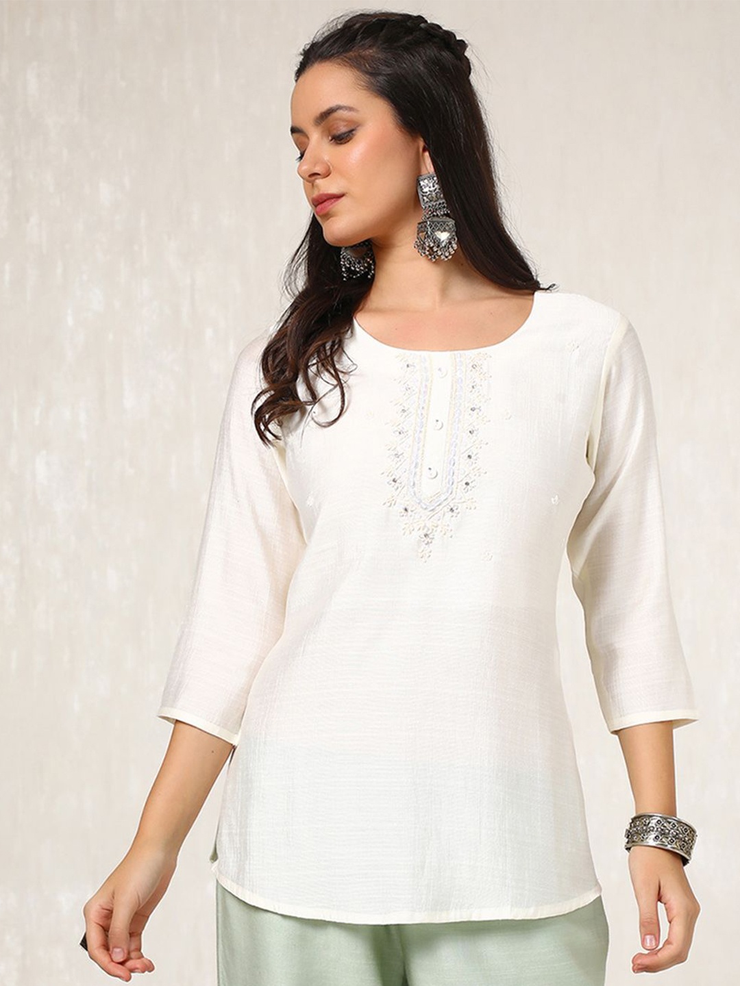 

Soch Women Embroidered Round Neck Kurtas, Off white