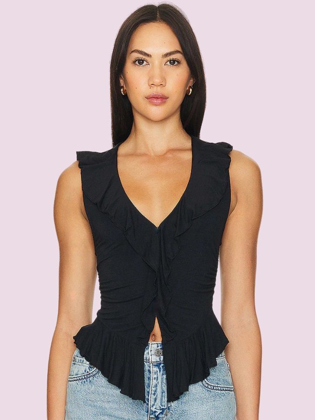 

Dracht Women Solid V-Neck Cotton Top, Black