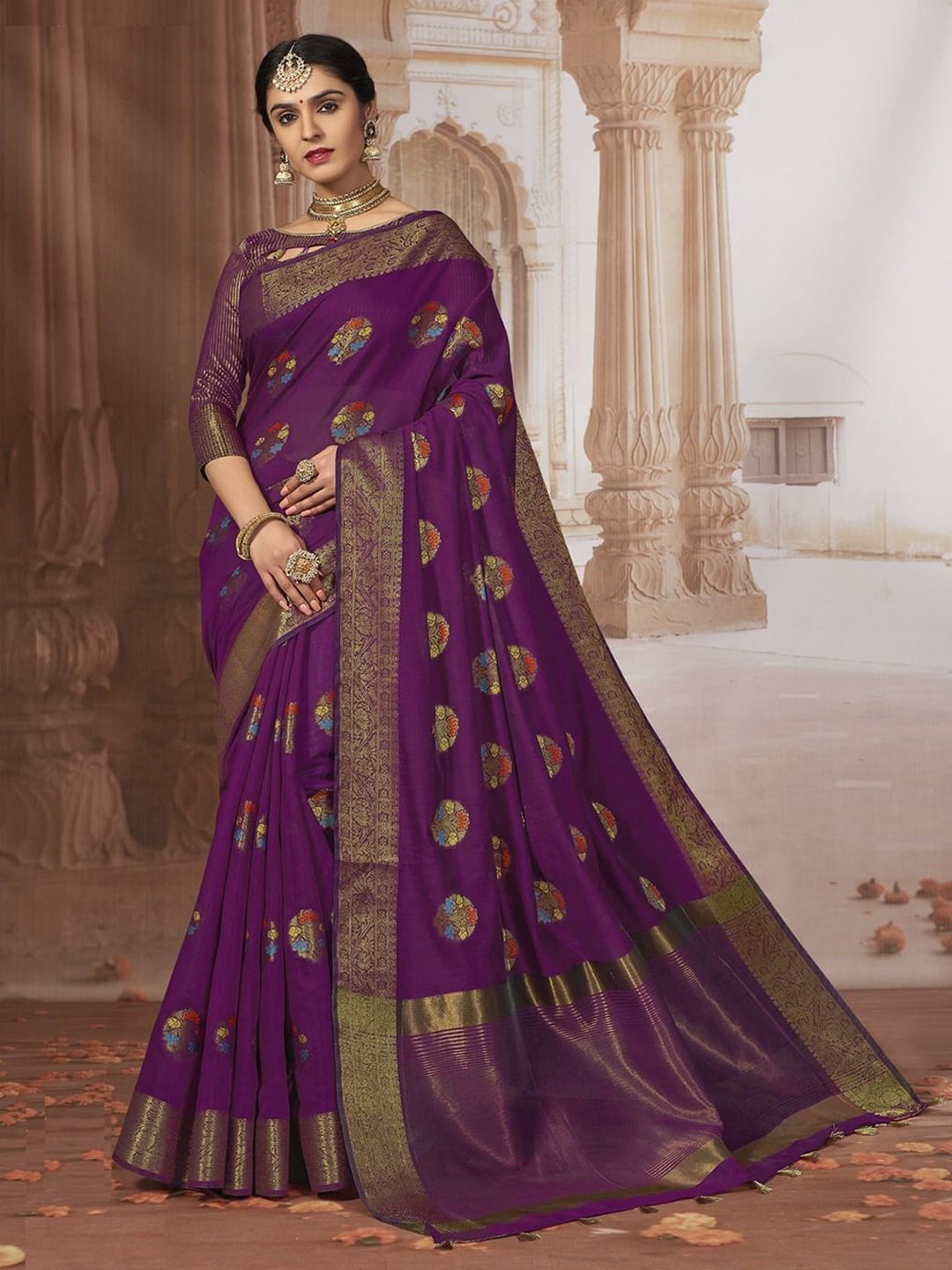 

MAHALASA Ethnic Motifs Woven Design Zari Pure Cotton Banarasi Saree, Purple