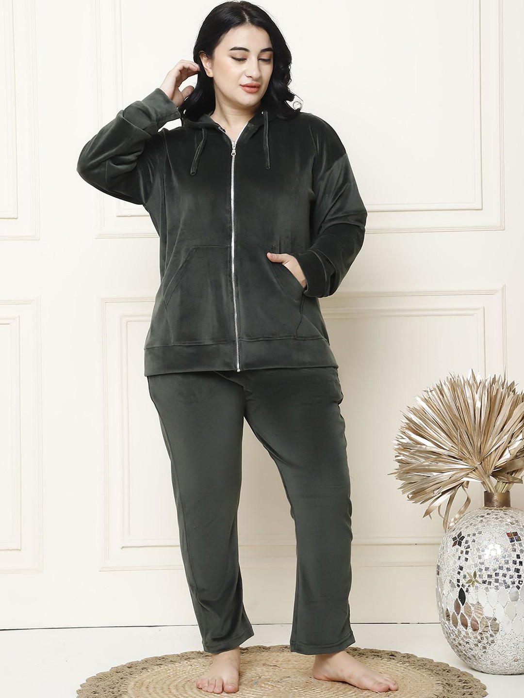 

TAG 7 Women Plus Size Velvet Hoodie Night suit, Olive