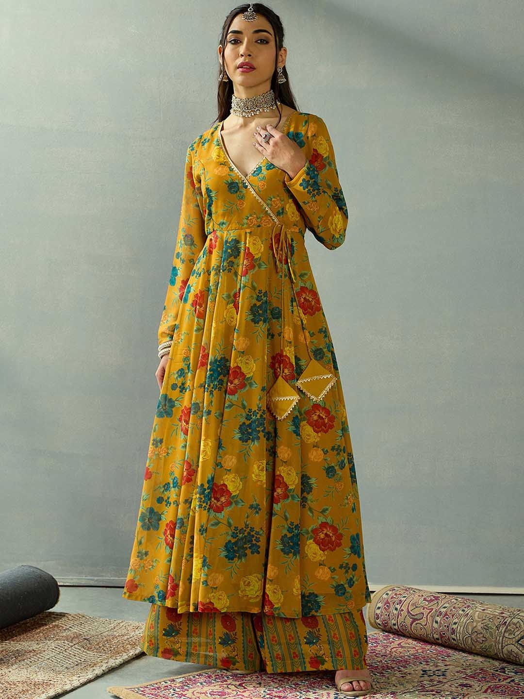 

Shae by SASSAFRAS Women Floral Printed Wrap Anarkali Kurta with Palazzos, Mustard
