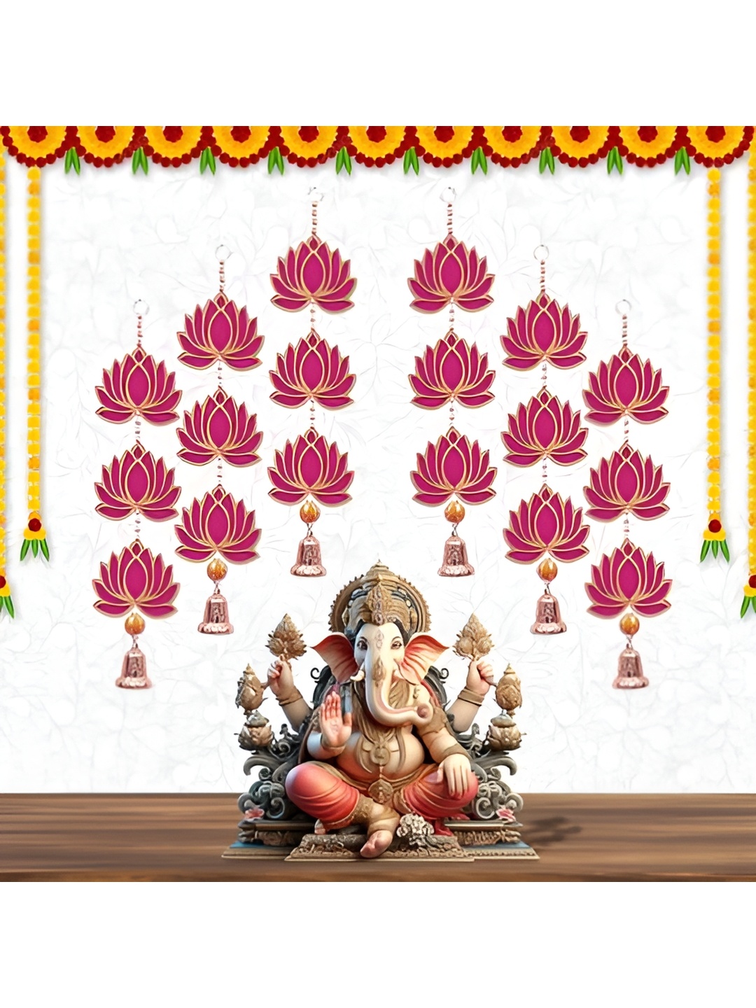 

Perpetual 6 Pieces Red & Yellow Wooden Lotus Toran Hangings