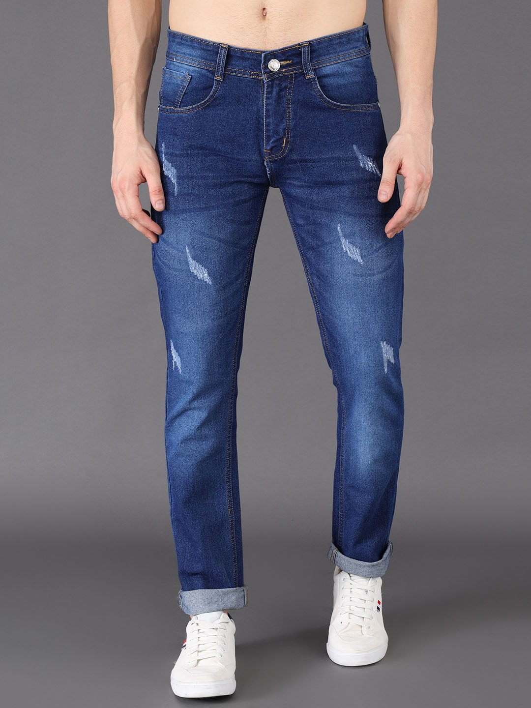 

Sobbers Men Slim Fit Low Distress Light Fade Stretchable Jeans, Blue